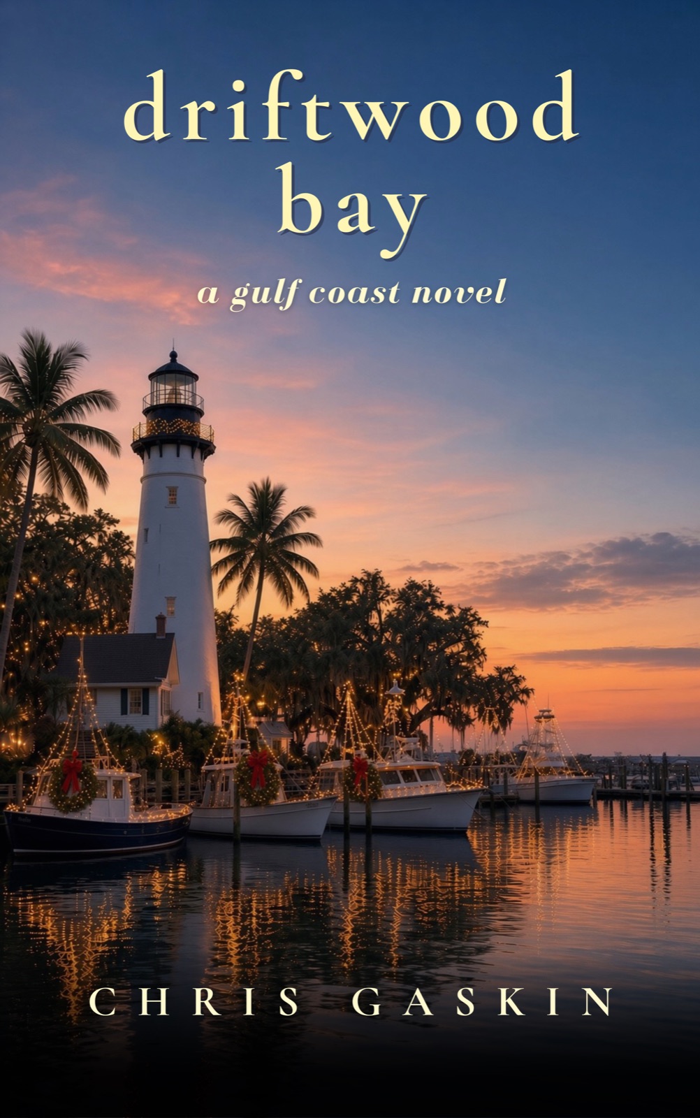 Driftwood Bay by Chris Gaskin, a lighthouse above a harbor at sunset