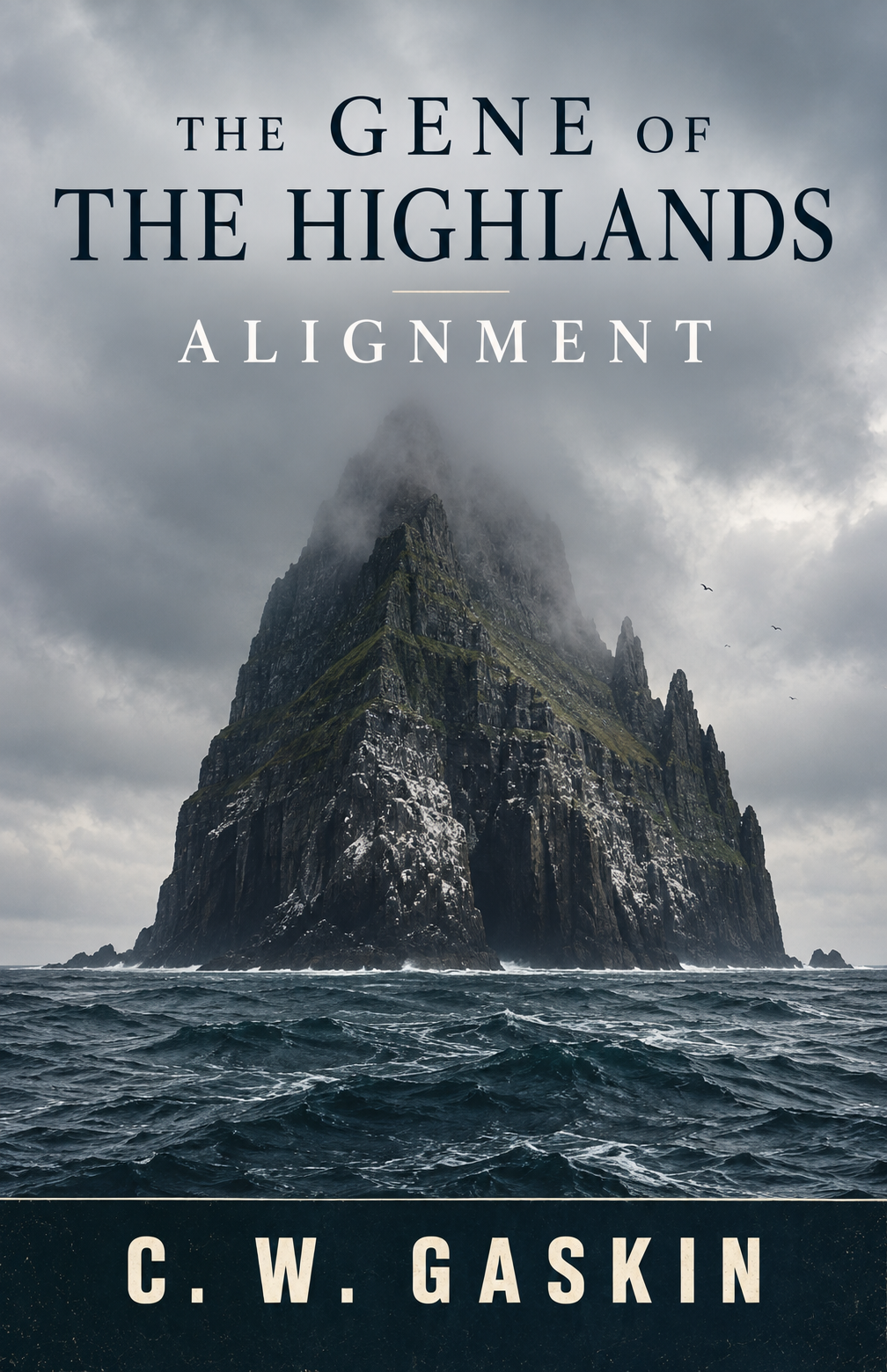 The Gene of the Highlands: Alignment by C. W. Gaskin, a steep island rising from a stormy sea